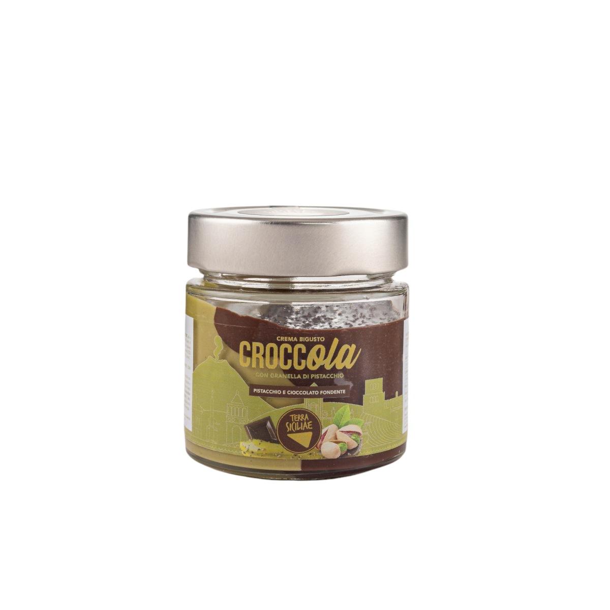 PanCROCCola - Panettone Artigianale glassa bianca, granella pistacchio e gocce di cioccolato con vasetto Croccola Fondente, 750g + 190g