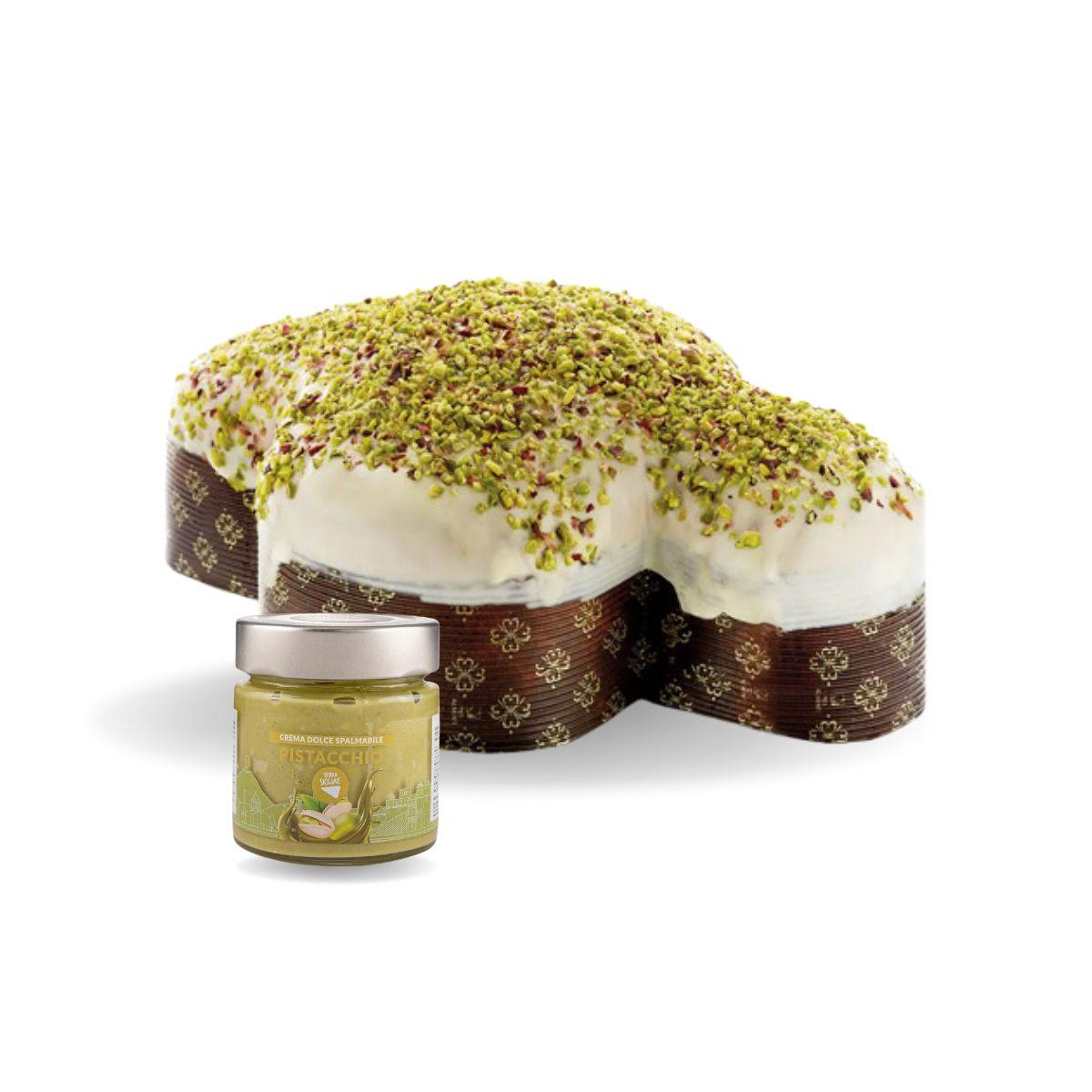 Colomba Artigianale al Pistacchio glassa cioccolato bianco e granella di pistacchio con vasetto di Crema Pistacchio 30%, 750g + 190g
