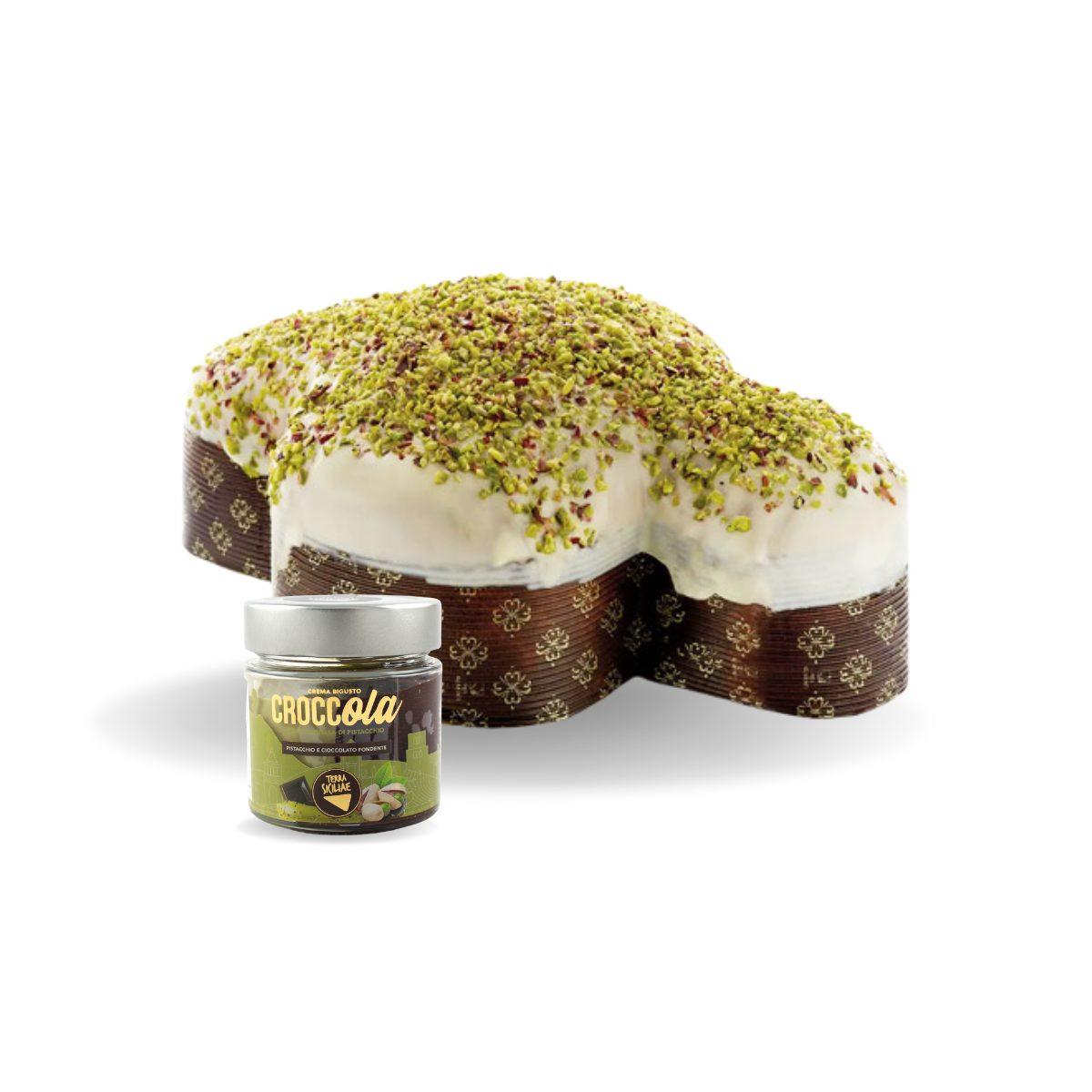 Colomba Artigianale al Pistacchio glassa cioccolato bianco e granella di pistacchio con vaso Croccola fondente, 750g + 190g